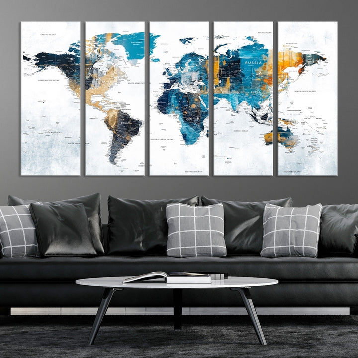 The World Map Turquoise Orange Wall Art Canvas Print, a triptych crafted on museum-quality canvases, adds aesthetic appeal and durability to the space.