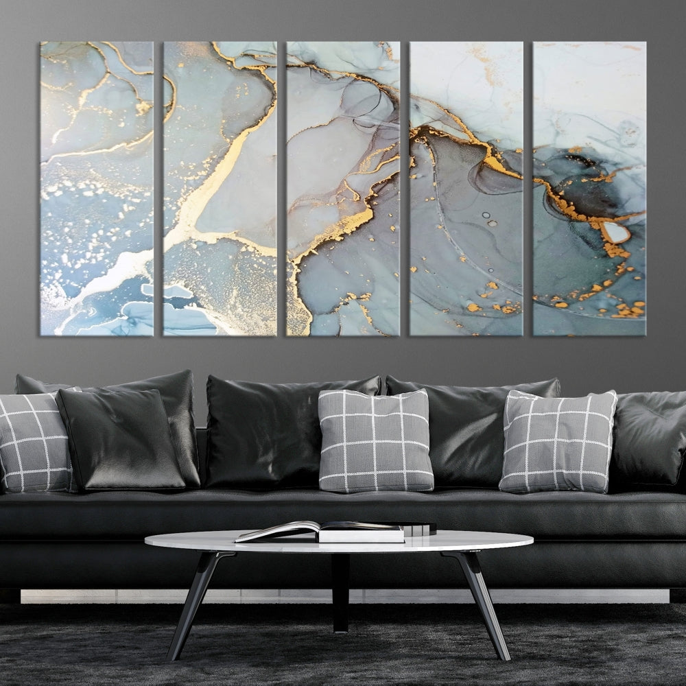 The Marble Texture Canvas Wall Art – Abstract Modern Design with Gold Accents is a perfect choice to enhance your modern space, featuring a triptych design on dark texture.