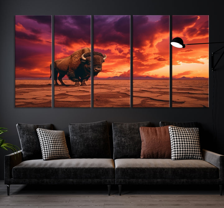 Alone Buffalo on Red Sunset Wall Art Canvas Print