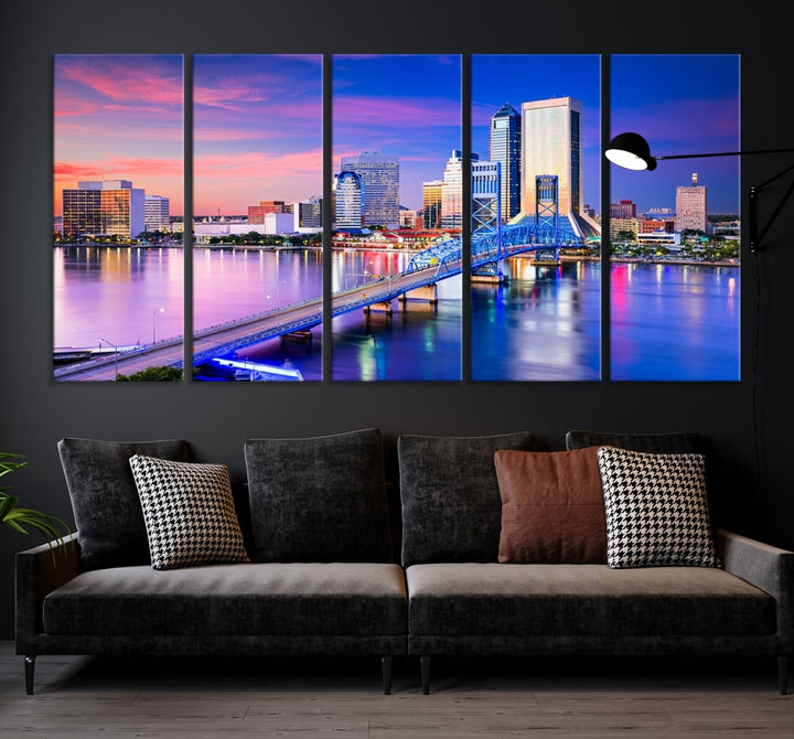 The Jacksonville Wall Art Canvas Print, showcasing the Jacksonville cityscape over a river at sunset, is elegantly crafted on museum-quality canvas with a UV-protective coating. Ready to hang, it elevates your space with its sophisticated charm.