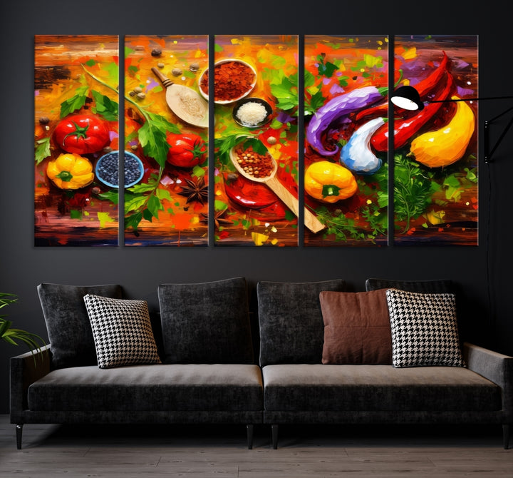 The "Herbs and Spices Culinary Art Foodie Kitchen Art" is a vibrant three-panel painting depicting various vegetables and spices on a wooden background, crafted on museum-quality canvas.