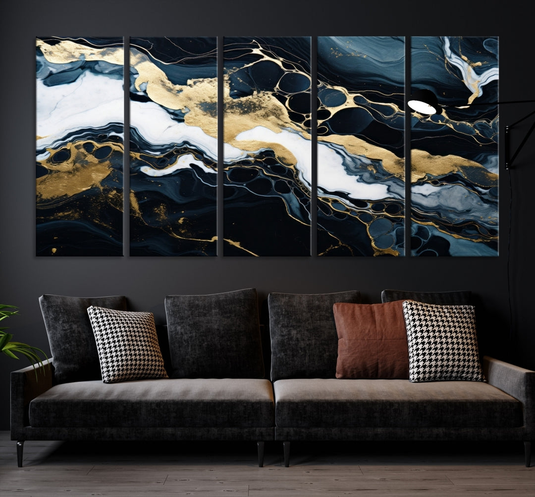 Fluid Marble Abstract Wall Art Print, a contemporary piece with black, white, and gold swirls on museum-quality canvas.