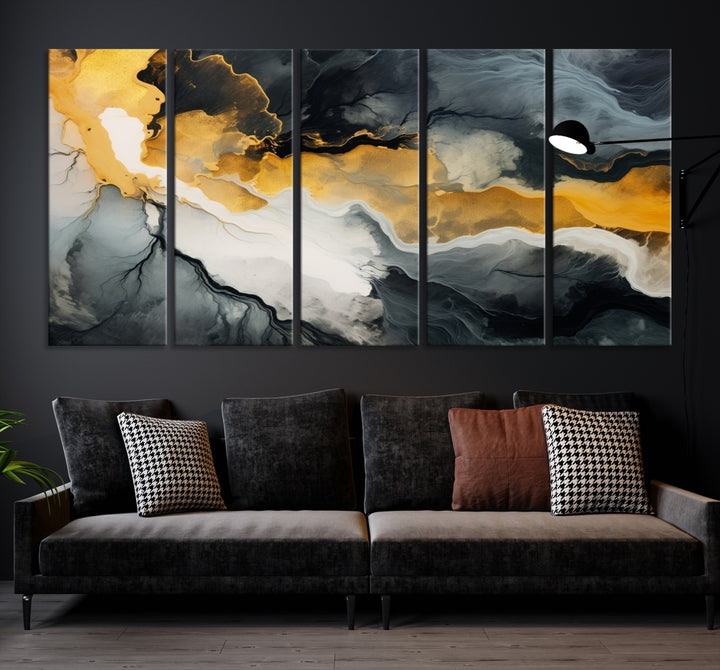 The Smoke Gray Green Golden Abstract Contemporary Art Canvas beautifully enhances a modern living room. Created on museum-quality canvas, this ready-to-hang artwork guarantees longevity and sophistication, perfectly aligning with the contemporary aesthetic.