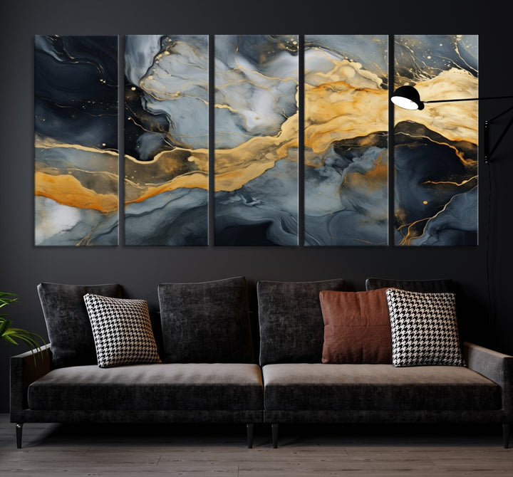 The living room features the Golden Gray Abstract Wall Art Print Contemporary Art Canvas Design, a triptych showcasing gold, black, and gray swirls. Crafted on museum-quality canvas and ready to hang, this piece is designed for elegance and durability.