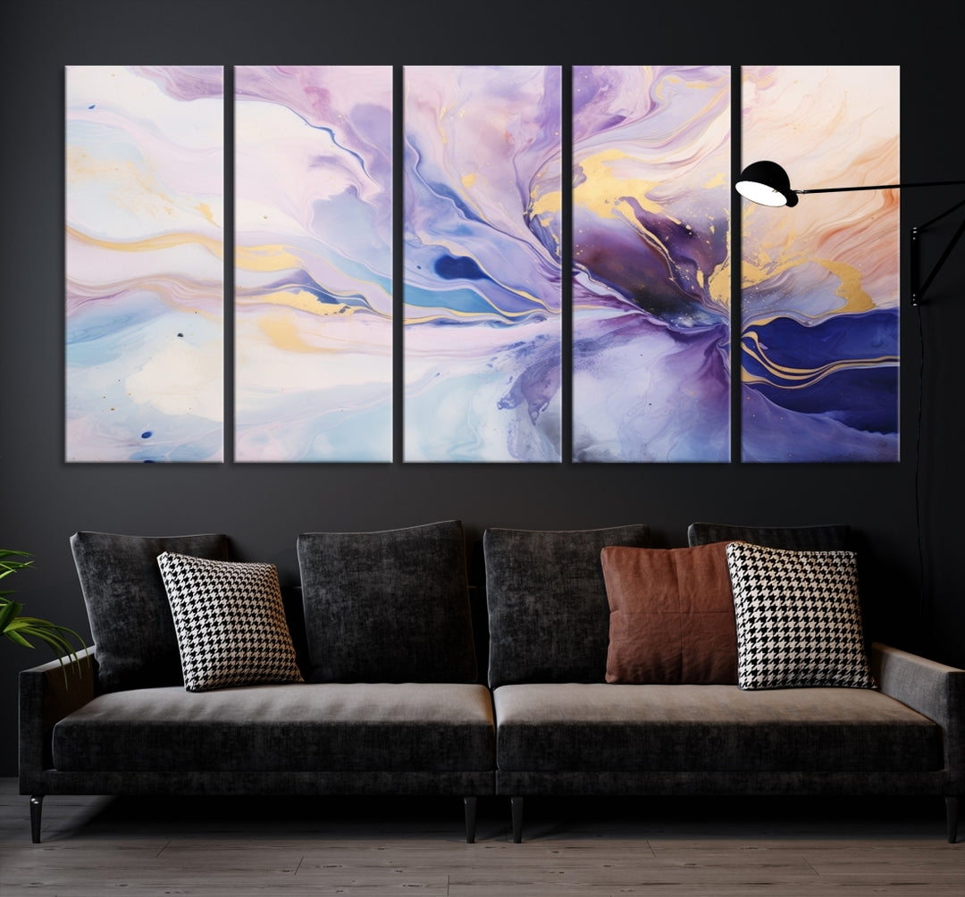 In the modern living room, a captivating Purple Color Abstract Wall Art Print graces the walls, mounted on museum-quality canvas, infusing the space with an artistic flair.