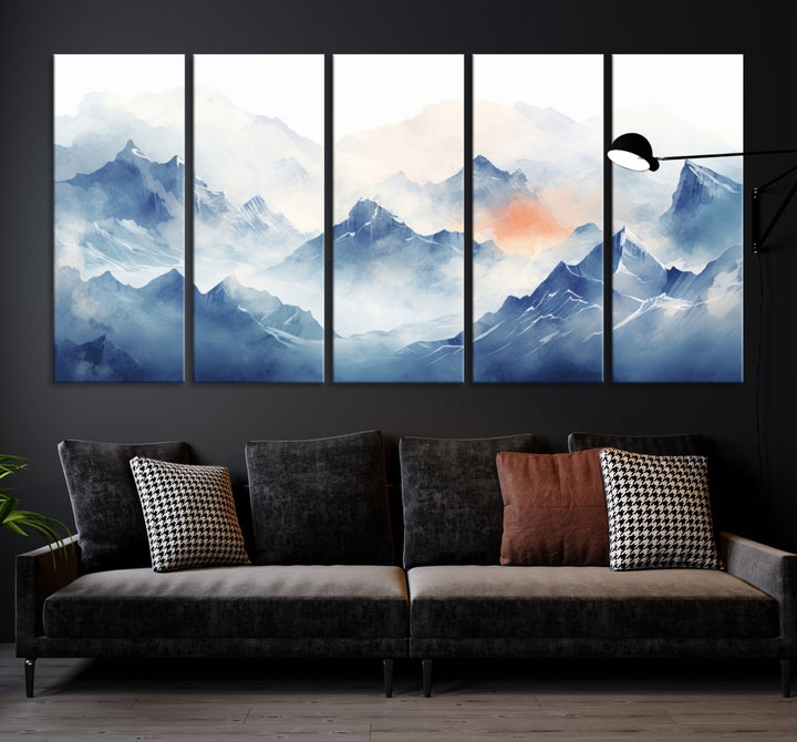 Blue Orange Abstract Mountain Wall Art