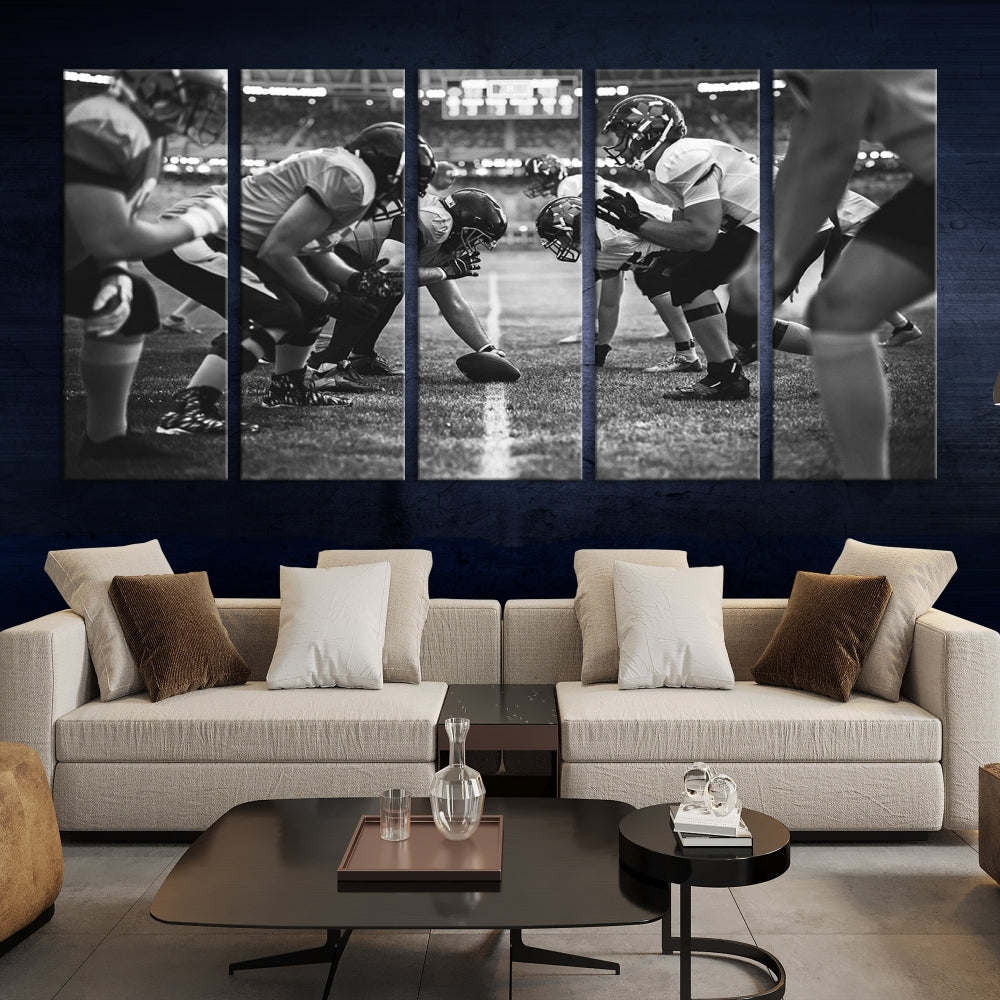 The "American Football Match Wall Art Canvas Print," featuring a black and white photo of a football game, is displayed as a triptych. This artwork is printed on museum-quality canvases and protected with a UV-coating.