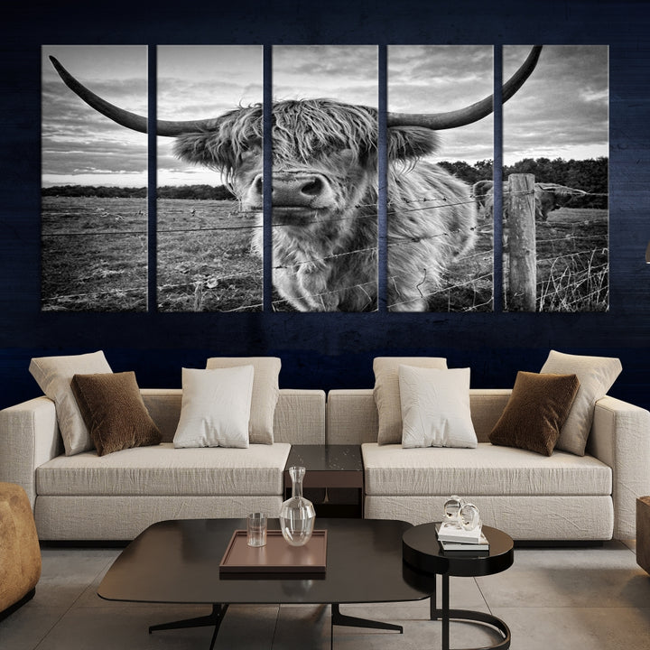 The "Scottish Highland Cow Canvas Wall Art Farmhouse Decor" adds a touch of rustic charm to your living room wall above the couch.