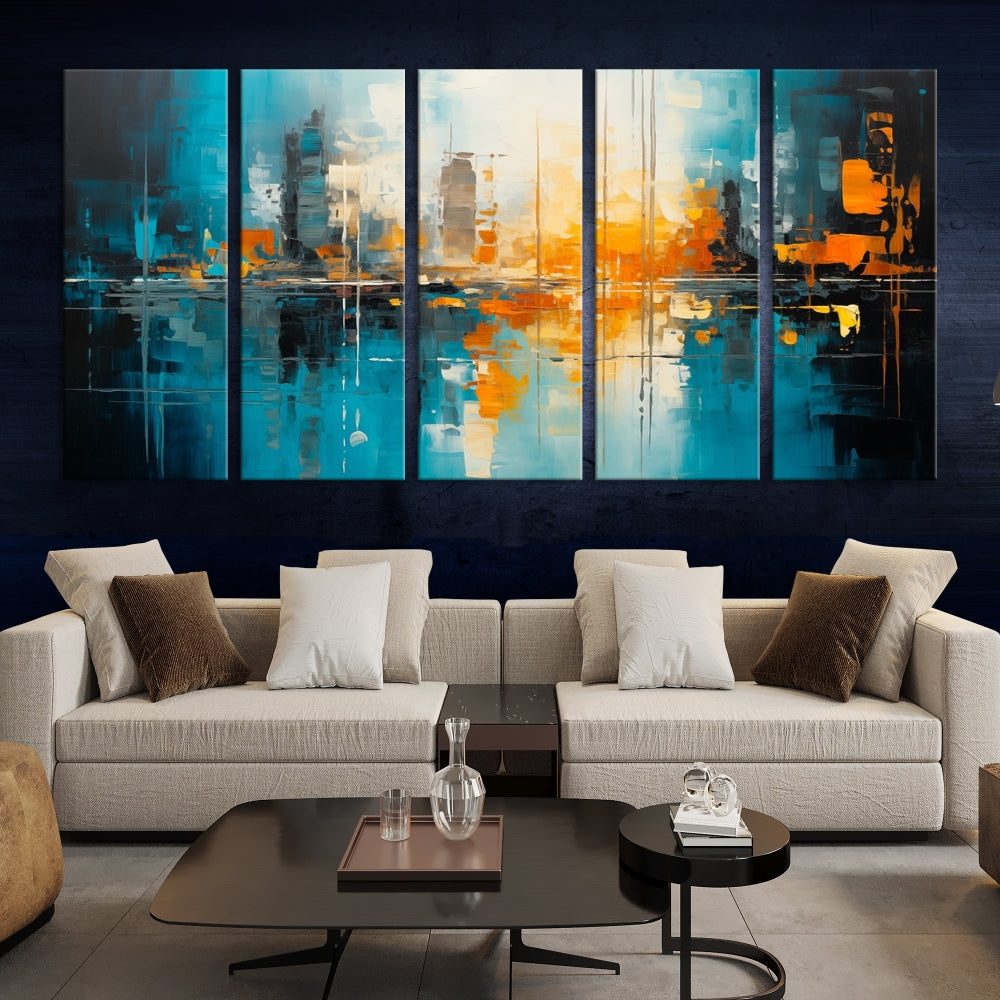 The Large Modern Abstract Wall Art Canvas Print, gallery wrapped on museum-quality canvas, enhances the modern living room setting.