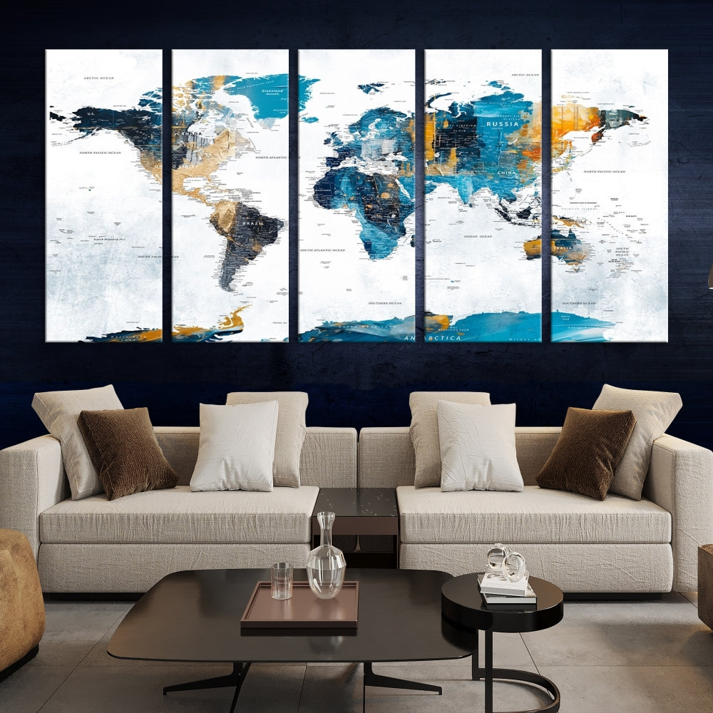 The "Turquoise Orange World Map Canvas Wall Art" showcases striking blue and orange tones. This museum-quality canvas features a UV-protective coating for enhanced durability and vibrant color retention.