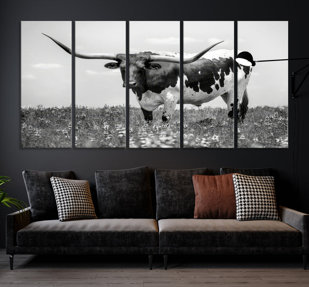 Texas Black White Highland Longhorn Cow Wall Art Canvas Print