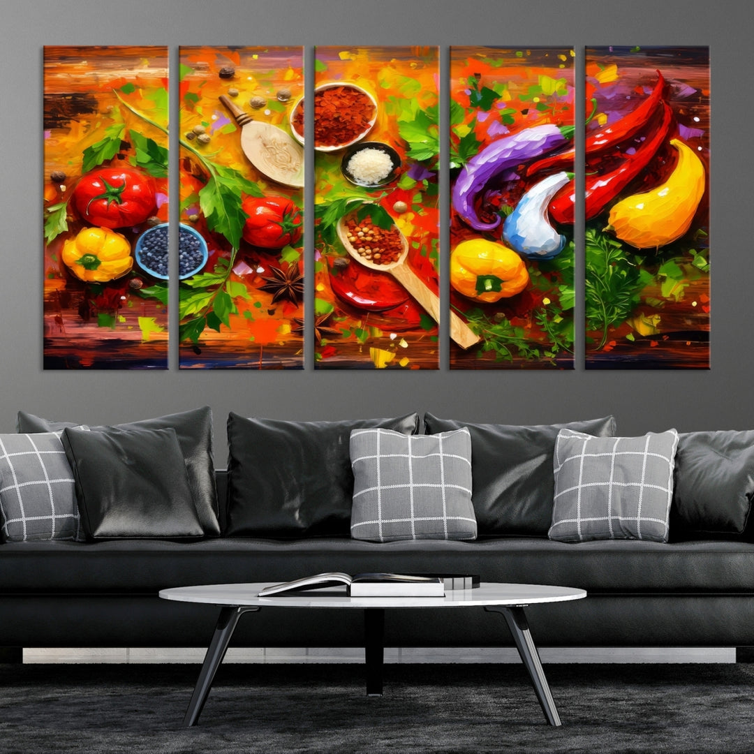 The "Herbs and Spices Culinary Art Foodie Kitchen Art" is a vibrant three-panel painting depicting various vegetables and spices on a wooden background, crafted on museum-quality canvas.