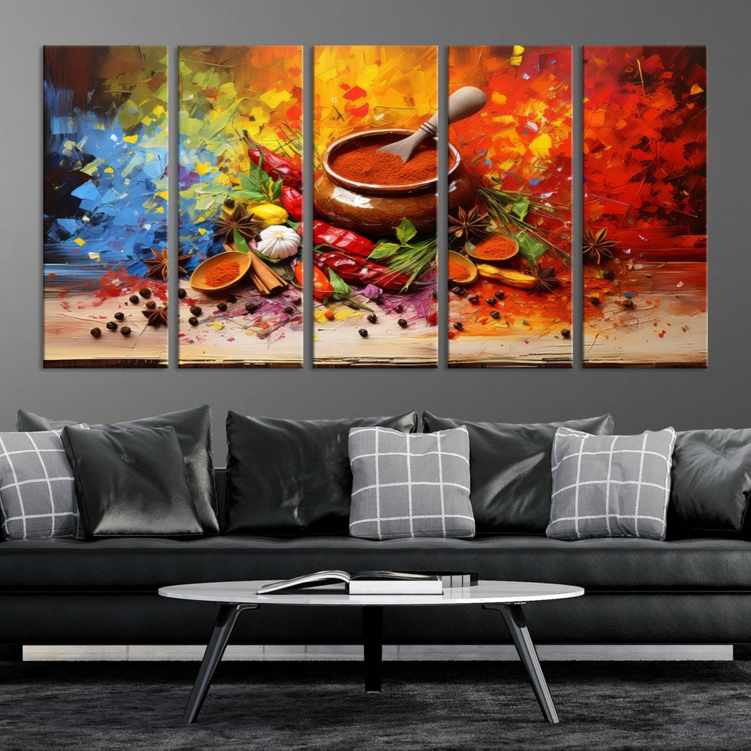 The Abstract Spoonful of Spice Art Print Kitchen Herbs and Spices, a triptych featuring colorful spices and a wooden bowl printed on museum-quality canvas, is ready to hang.