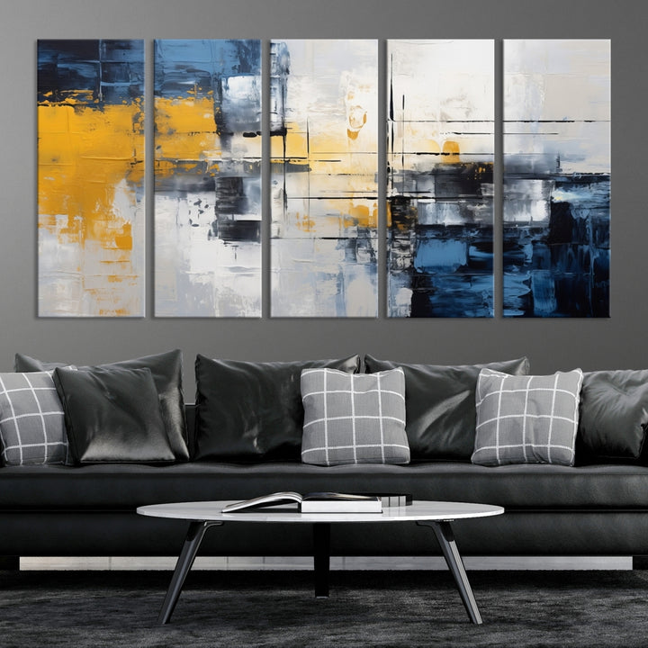 The Yellow Orange Blue Abstract Wall Art Print on gallery-wrapped, museum-quality canvases adds a vibrant touch to the room.