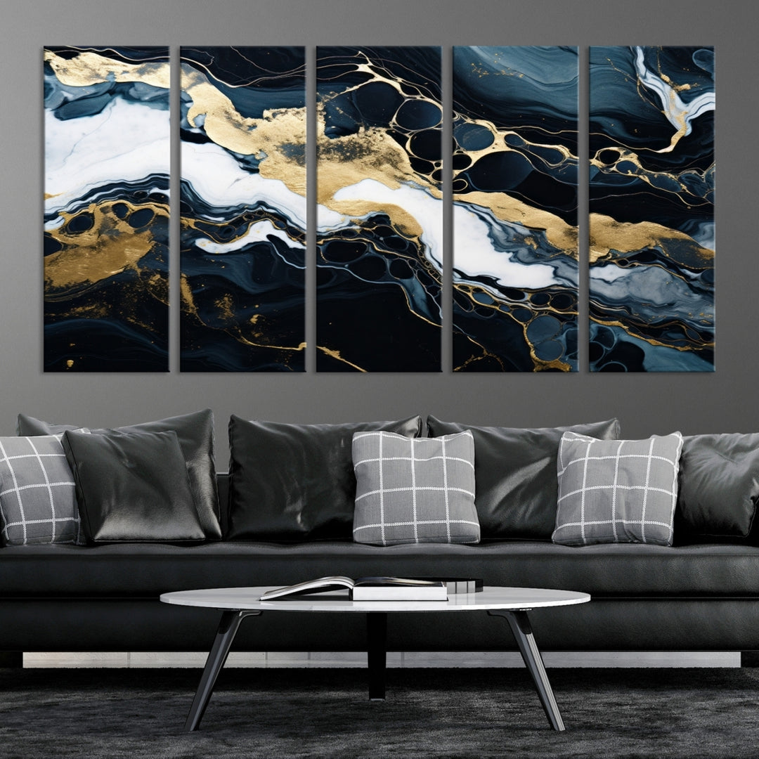 Fluid Marble Abstract Wall Art Print, a contemporary piece with black, white, and gold swirls on museum-quality canvas.