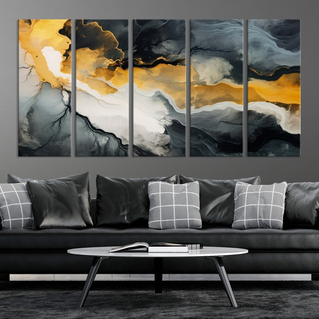 The Smoke Gray Green Golden Abstract Contemporary Art Canvas beautifully enhances a modern living room. Created on museum-quality canvas, this ready-to-hang artwork guarantees longevity and sophistication, perfectly aligning with the contemporary aesthetic.