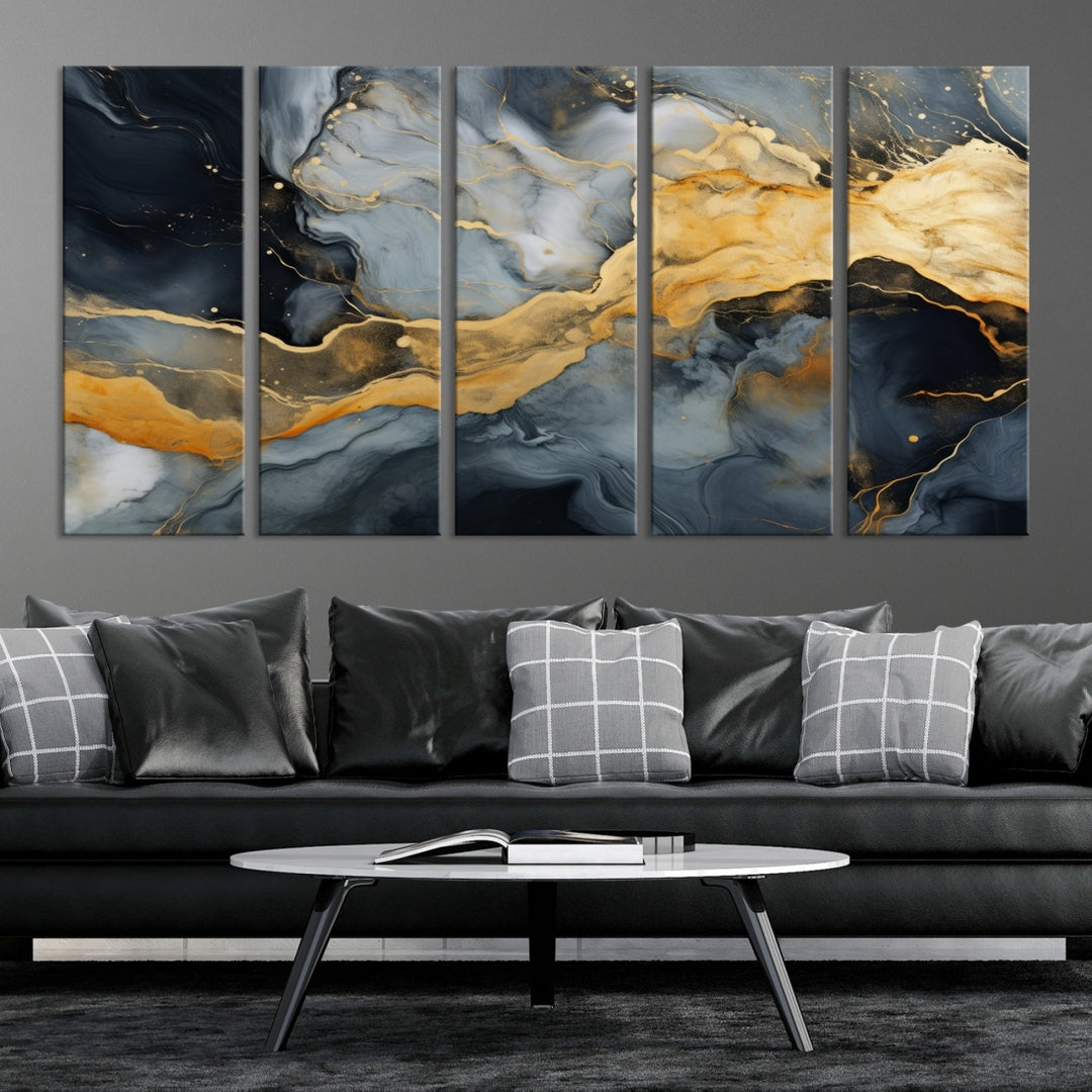 The living room features the Golden Gray Abstract Wall Art Print Contemporary Art Canvas Design, a triptych showcasing gold, black, and gray swirls. Crafted on museum-quality canvas and ready to hang, this piece is designed for elegance and durability.