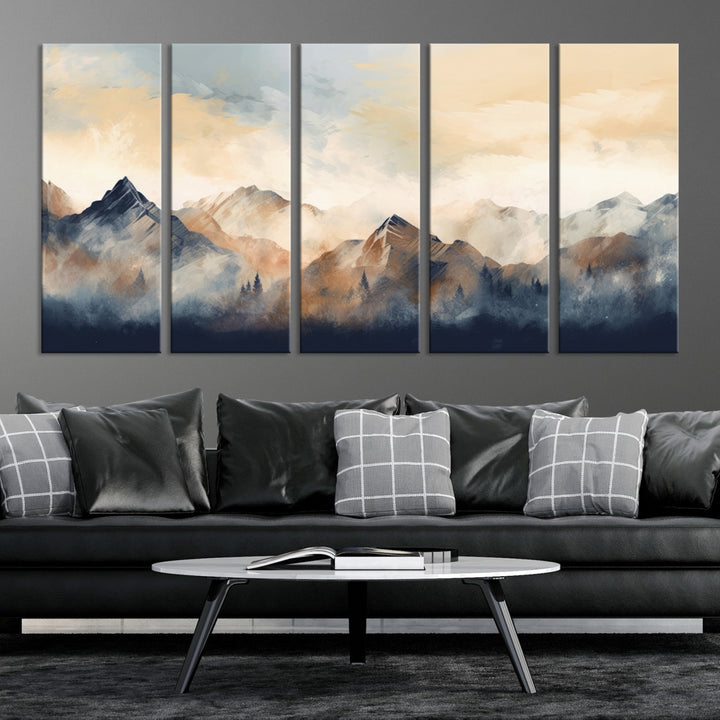 The Extra Large Abstract Mountain Wall Art, printed on museum-quality canvas, creates a stunning triptych. Set against a dark green wall, these ready-to-hang pieces bring an elegant touch to your décor.