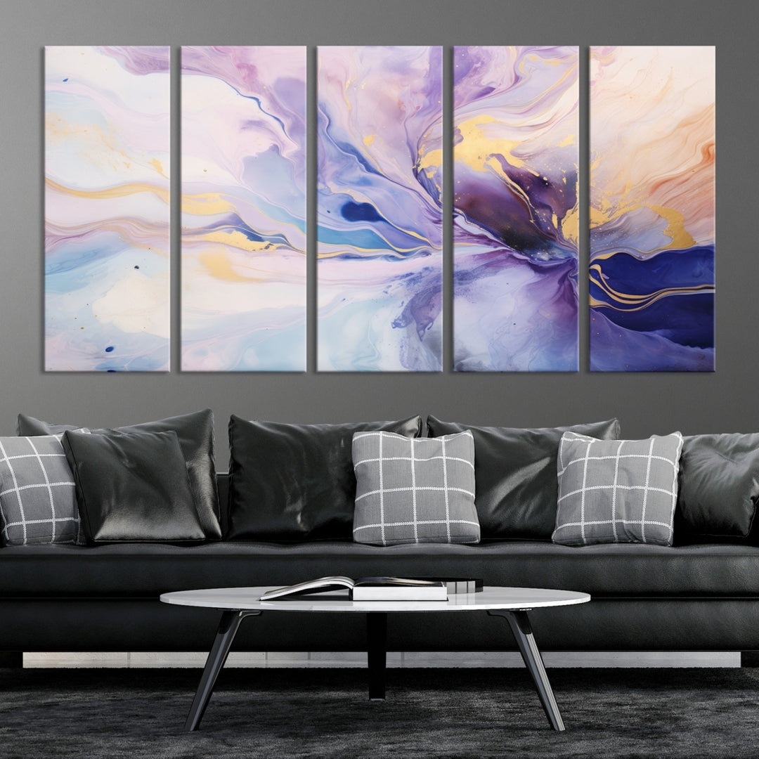 In the modern living room, a captivating Purple Color Abstract Wall Art Print graces the walls, mounted on museum-quality canvas, infusing the space with an artistic flair.