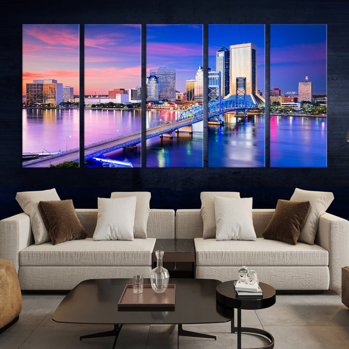 The Jacksonville Wall Art Canvas Print, showcasing the Jacksonville cityscape over a river at sunset, is elegantly crafted on museum-quality canvas with a UV-protective coating. Ready to hang, it elevates your space with its sophisticated charm.