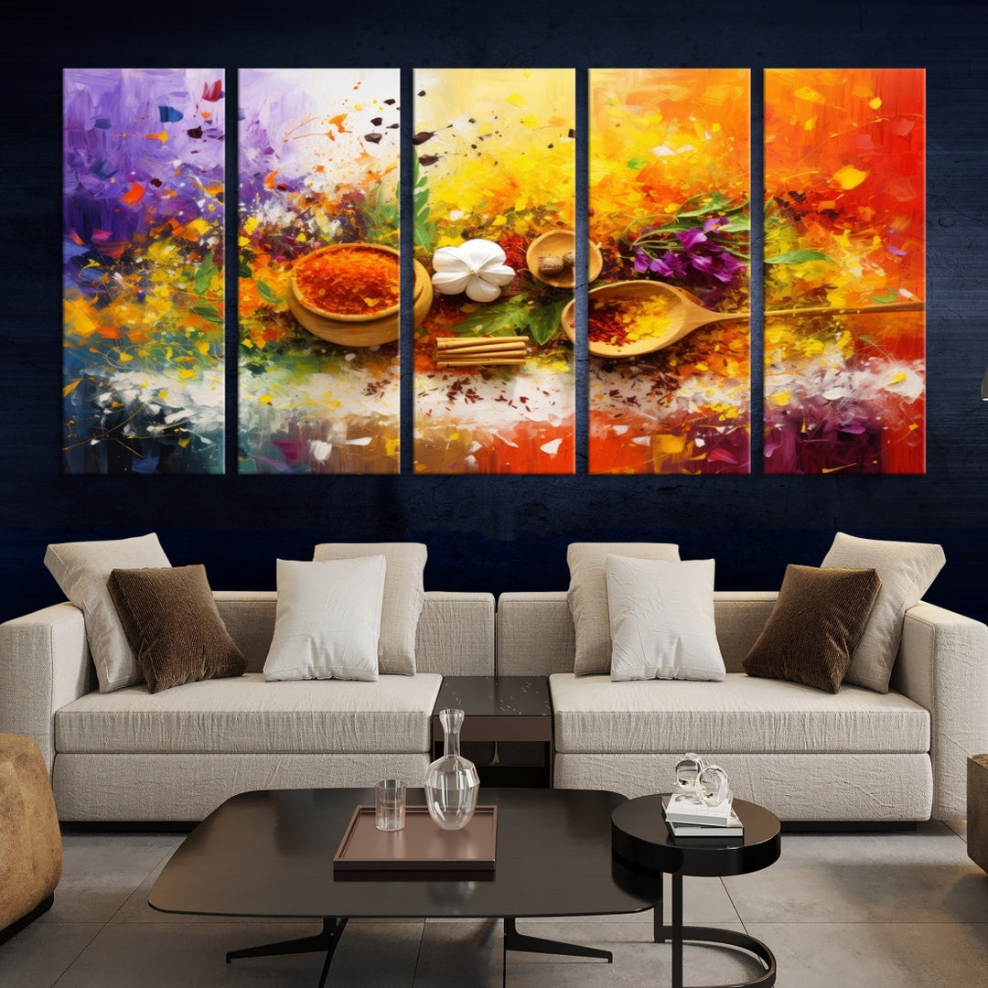 The Abstract Spoonful of Spice Art Print Kitchen Wall, featuring a colorful triptych design of spices and herbs on museum-quality canvas with a UV-protective coating, enhances the modern living room. It's ready to hang, adding a vibrant touch to the space.