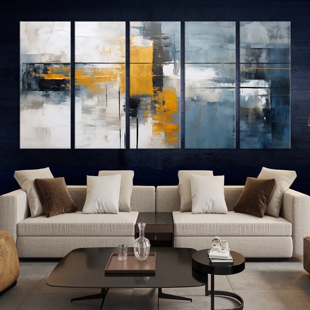 The Orange Abstract Wall Art Print features a series of white, blue, black, and yellow blocks arranged in a triptych format on museum-quality canvases. Proudly made in the USA and offered with free shipping.