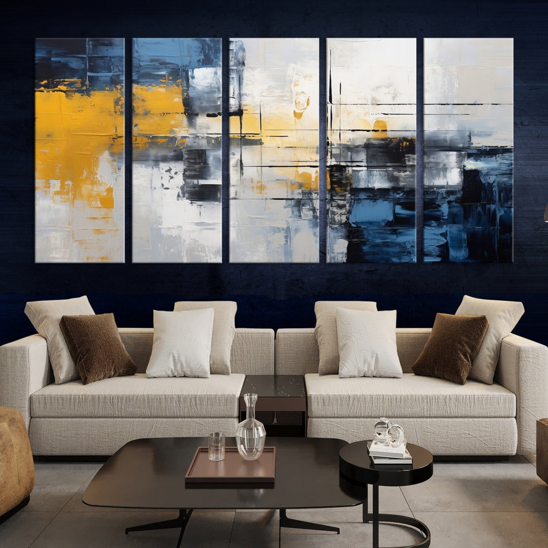 The Yellow Orange Blue Abstract Wall Art Print on gallery-wrapped, museum-quality canvases adds a vibrant touch to the room.