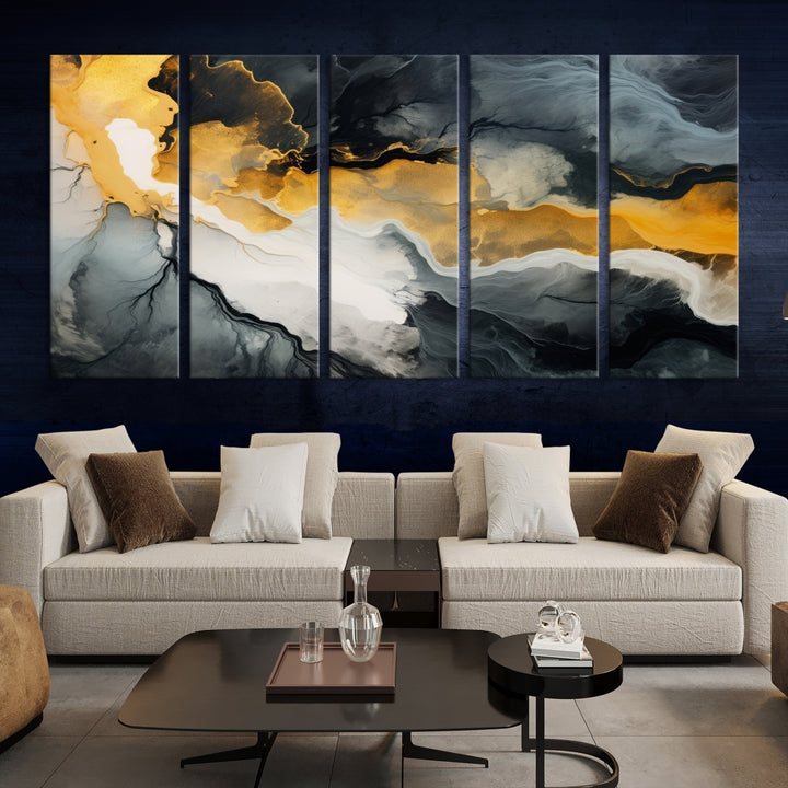 The Smoke Gray Green Golden Abstract Contemporary Art Canvas beautifully enhances a modern living room. Created on museum-quality canvas, this ready-to-hang artwork guarantees longevity and sophistication, perfectly aligning with the contemporary aesthetic.