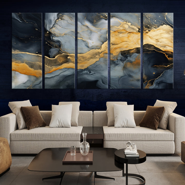 The living room features the Golden Gray Abstract Wall Art Print Contemporary Art Canvas Design, a triptych showcasing gold, black, and gray swirls. Crafted on museum-quality canvas and ready to hang, this piece is designed for elegance and durability.