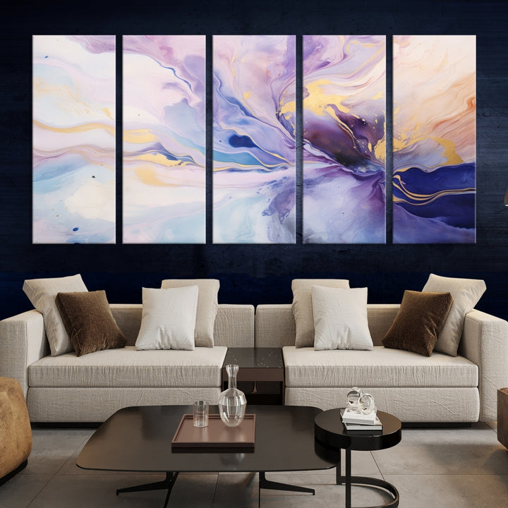 In the modern living room, a captivating Purple Color Abstract Wall Art Print graces the walls, mounted on museum-quality canvas, infusing the space with an artistic flair.