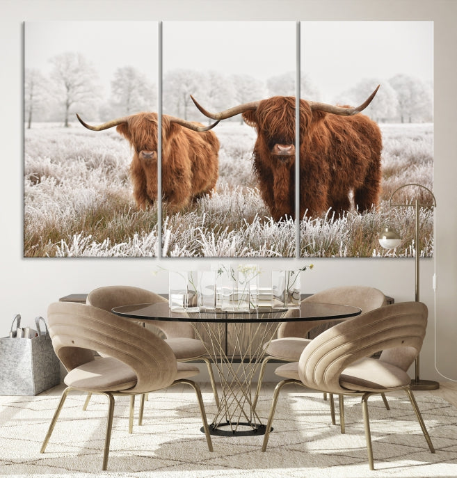 Highland Cows in Winter Canvas Wall Art – Rustic Farmhouse Triptych – Animal Photography Print for Living Room or Office – Ready to Hang