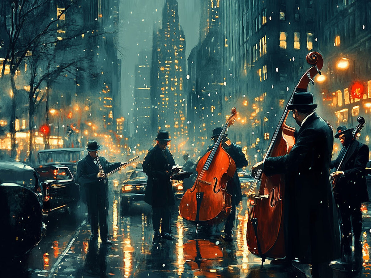 53391-MGV-CV-24X16 - Urban Night Jazz Wall Art Canvas Print | Moody Rain Soaked City Street Band Scene