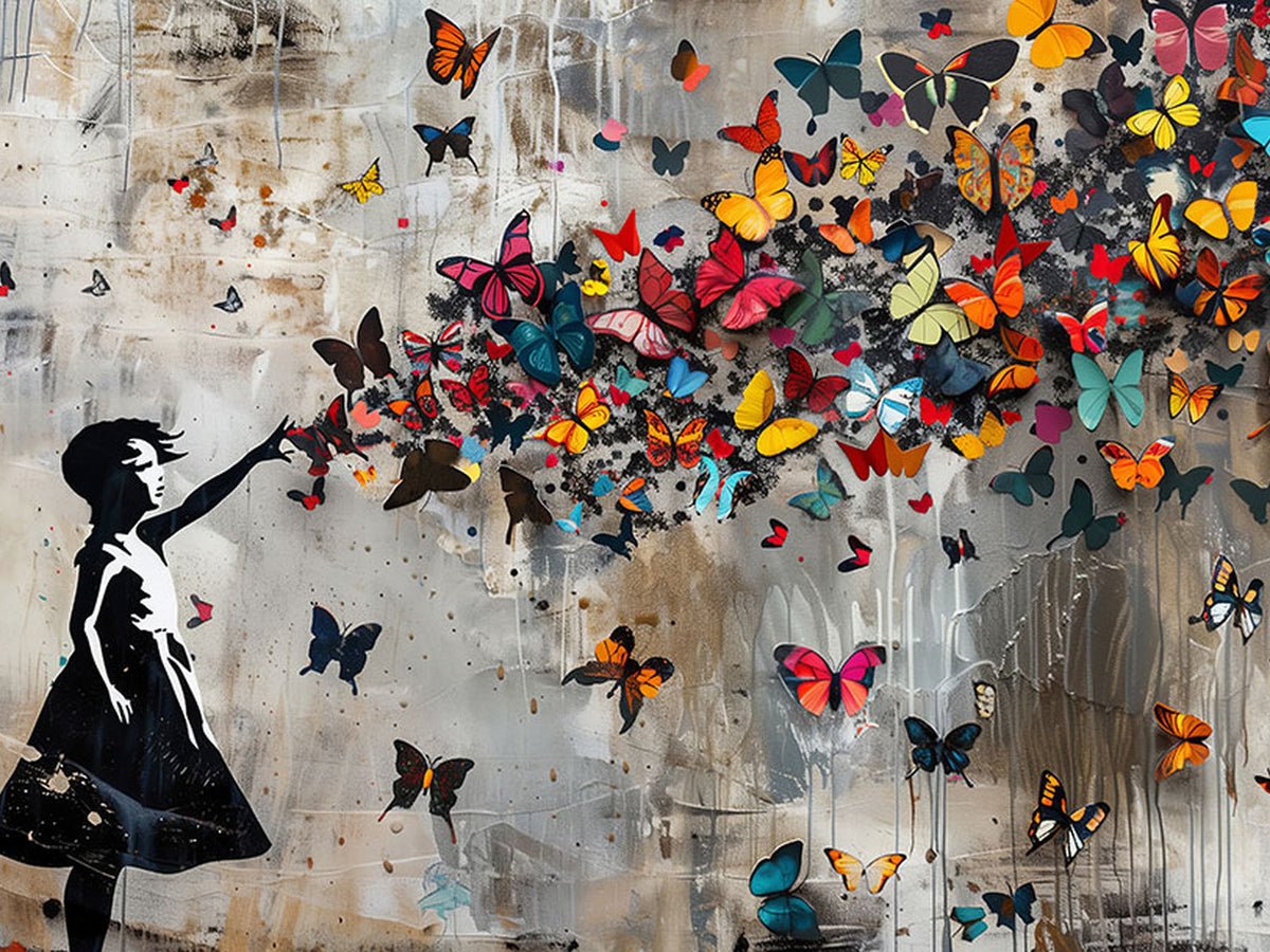 51446D-MGV-CV-24X16 - Banksy Butterfly Girl Wall Art | Modern Graffiti Canvas Print, Street Art Decor