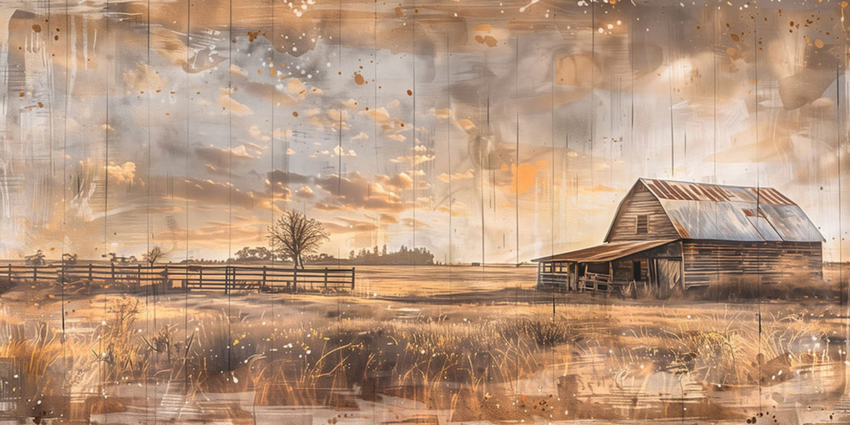 FARM2-MGV-CV-24X16 - Rustic Farmhouse Wall Art Canvas Print | Barn and Field Vintage Country Landscape