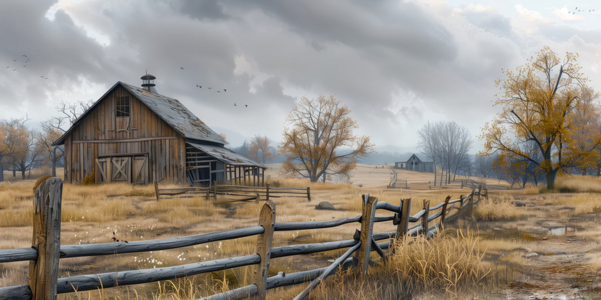 Farm1-MGV-CV-24X16 - Rustic Autumn Farmhouse Wall Art Canvas Print | Serene Countryside with Weathered Barn