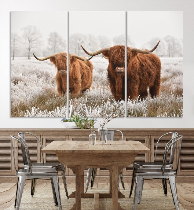 Highland Cows in Winter Canvas Wall Art – Rustic Farmhouse Triptych – Animal Photography Print for Living Room or Office – Ready to Hang