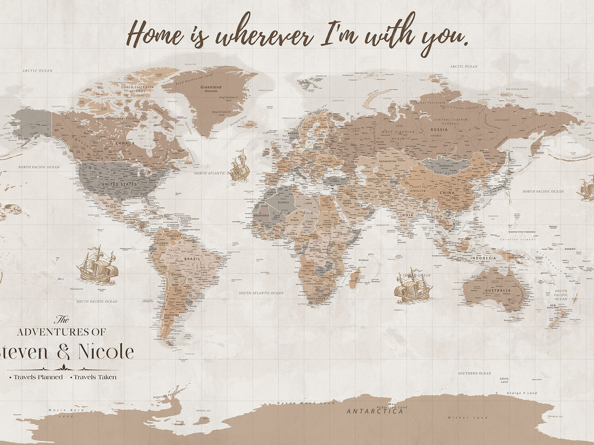 25831578D-MGV-CV-36X24 - Personalized Push Pin Travel Map Canvas Print, Honeymoon and Anniversary Gift, Family Room and Hallway Decor