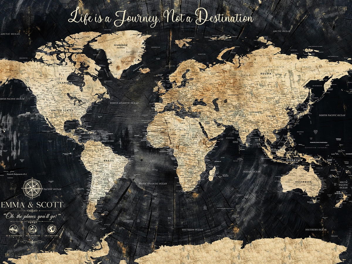 77472096-MGV-CV-36X24 - Custom Black Modern Push Pin World Map Wall Art, Next Trip Planner Map, Home Office and Entryway Decor