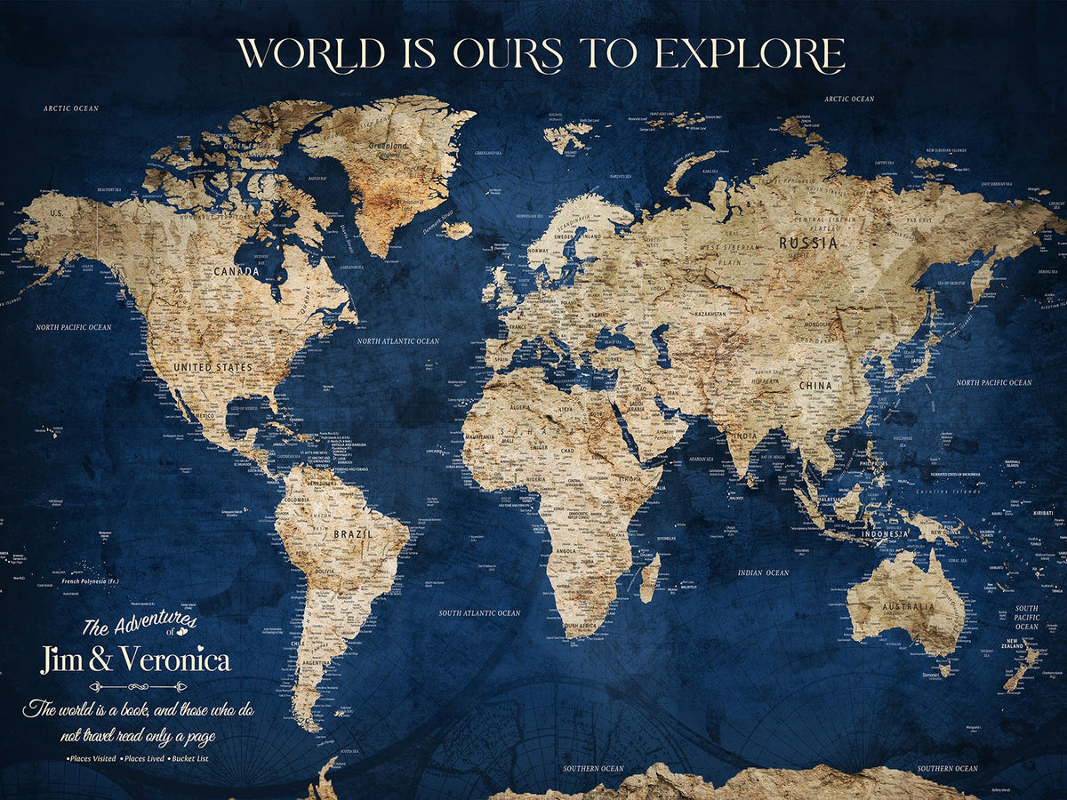 35296308-MGV-CV-36X24 - Custom Navy World Map Canvas with Push Pins, Family Travel Tracker, Living Room and Family Room Decor