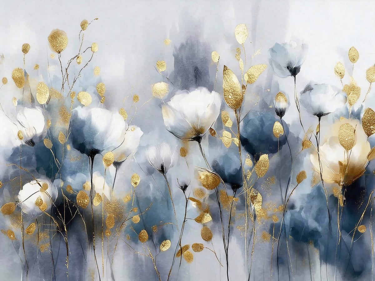 84358857-MGV-CV-24X16 - Large Abstract Flowers Wall Art Canvas Print | Gold and Blue Botanical Artwork