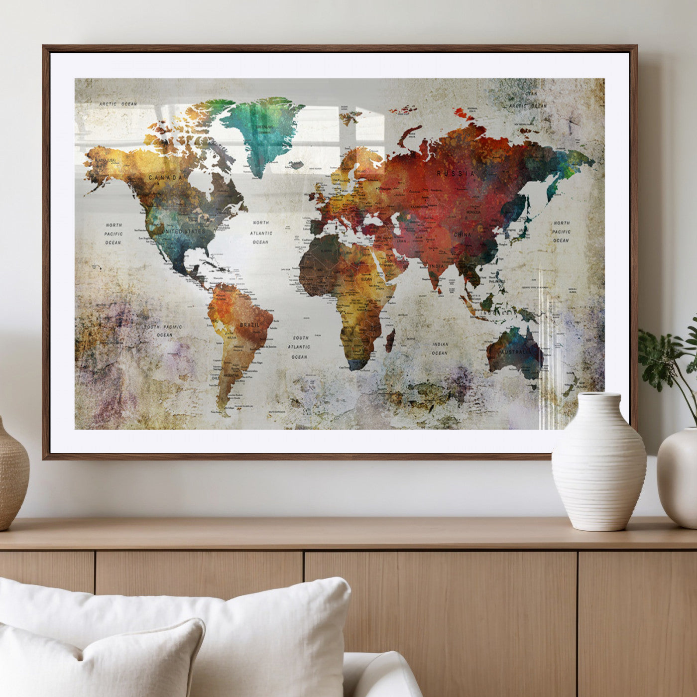 -Push Pin World Map Canvas Print – Framed Wall Art for Couples to Track Their Travels – Anniversary