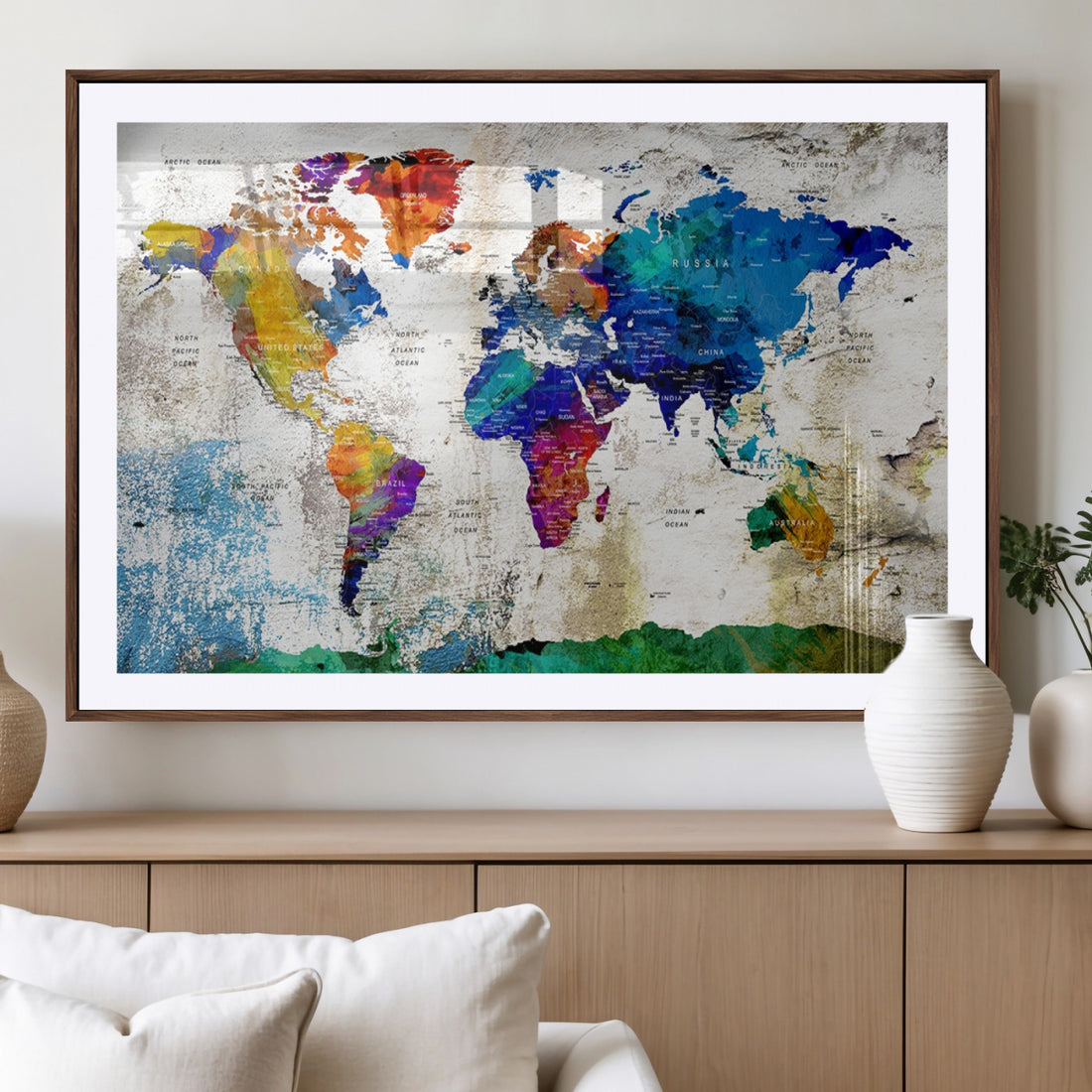 Navy Blue and Orange Watercolor World Map Canvas Print | Framed Travel Map
