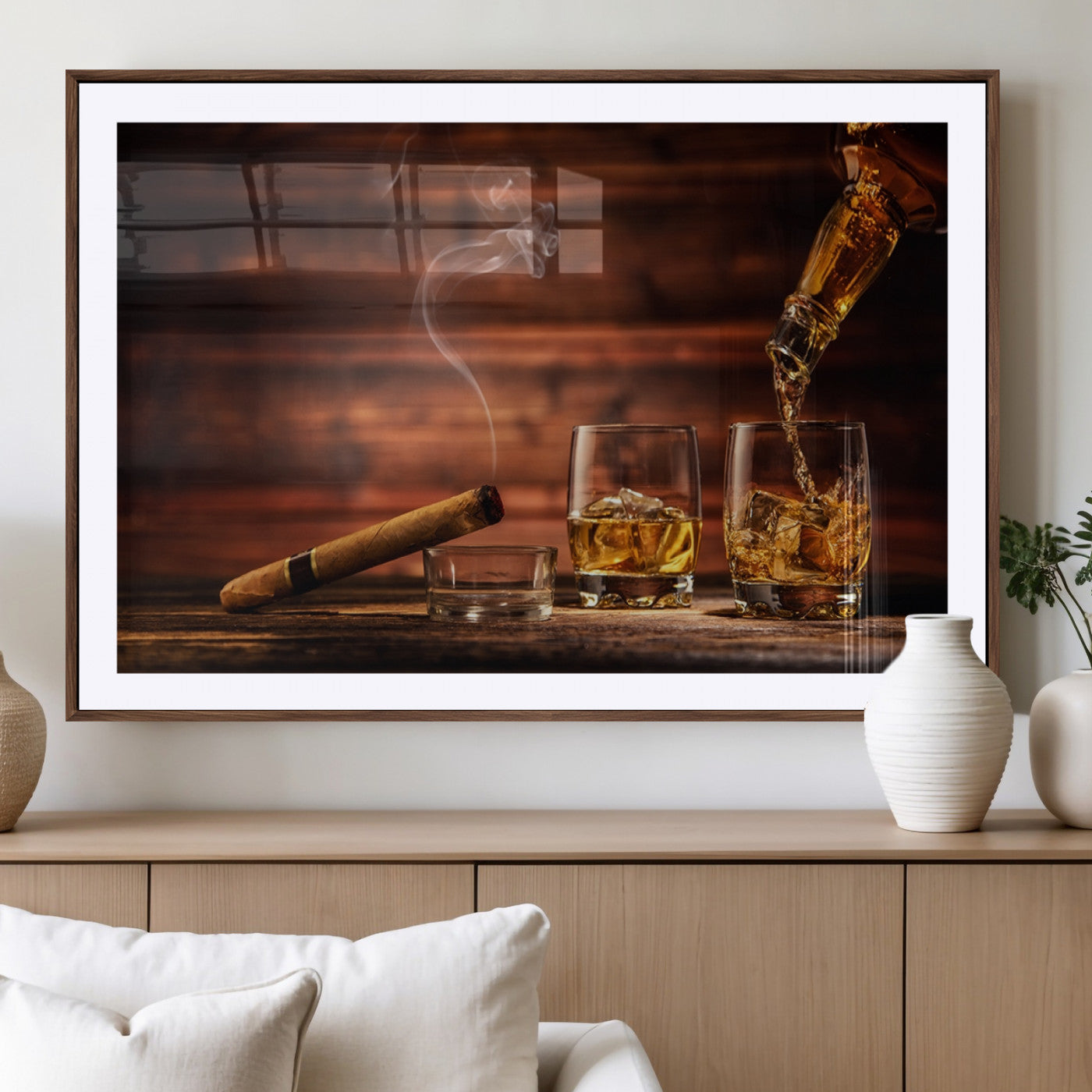 MGC-FP-36x24 - Whiskey and Cigar Wall Art Canvas | 3 Panel Bar Room Decor for Home Lounge, Office, or Man Cave |