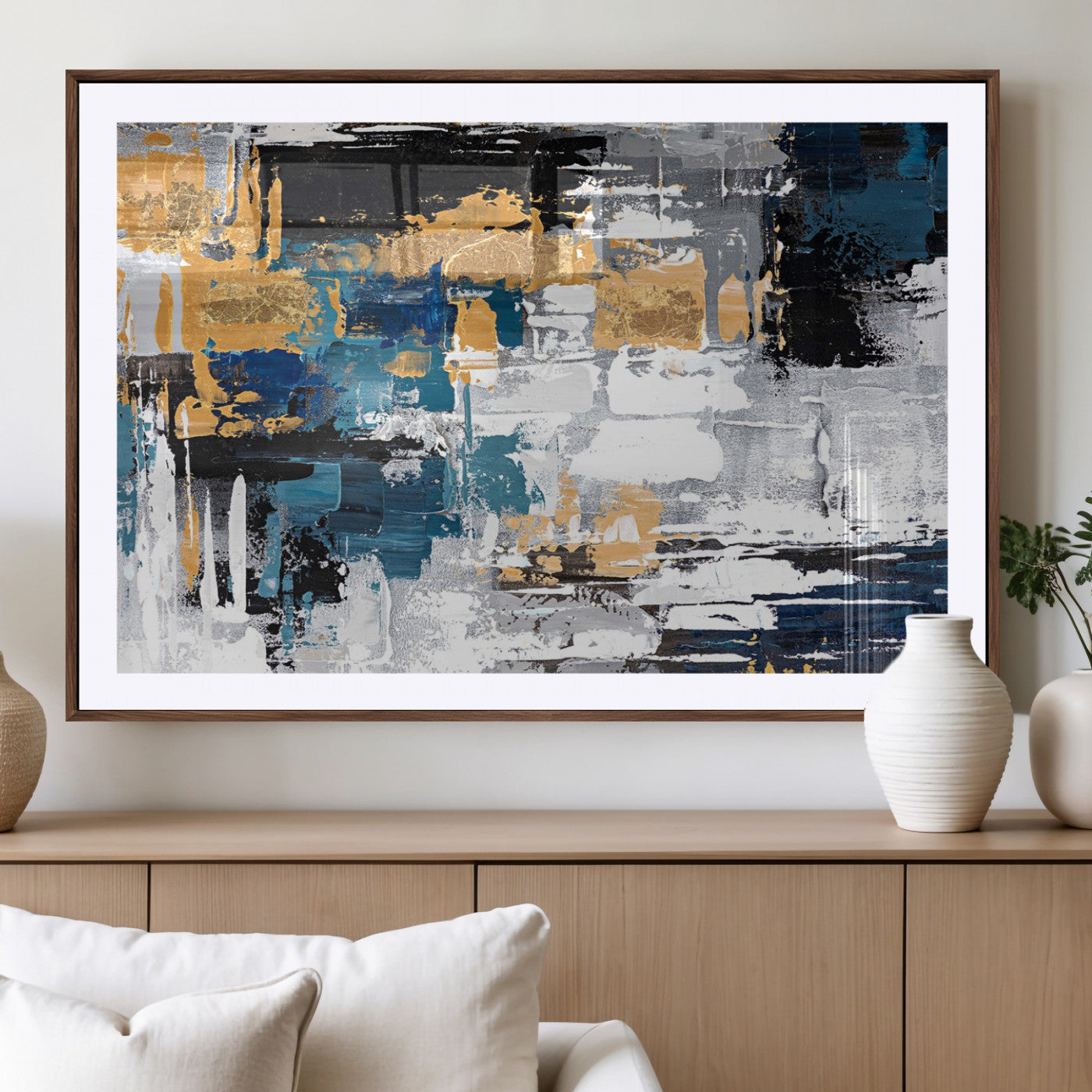 57708-MGV-CV-36X24-Blue and Gold Abstract Canvas Wall Art – Triptych Modern Painting for Living Room – Framed and Ready to Hang