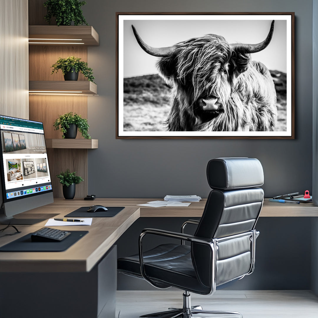 Highland Cow Wall Art | 3-Panel Black and White Highland Cow Canvas Print for Western Farmhouse Decor