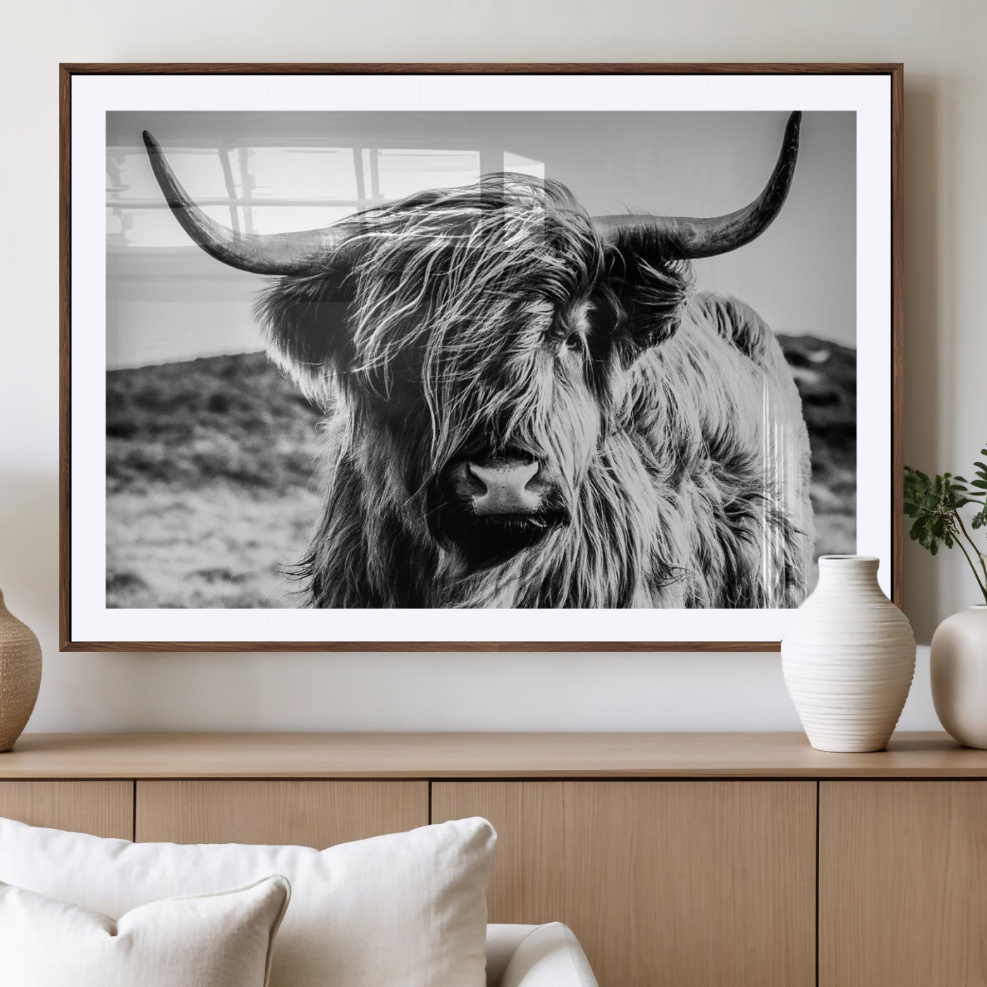 36979-MGV-CV-36X24 - Handsome Scottish Cow Black and White Wall Decor Canvas Art Print Extra Large Wall Art Highland Cattle Canvas Picture Animal Art Nature Photography High Quality Original Canvas Framed Ready to Hang