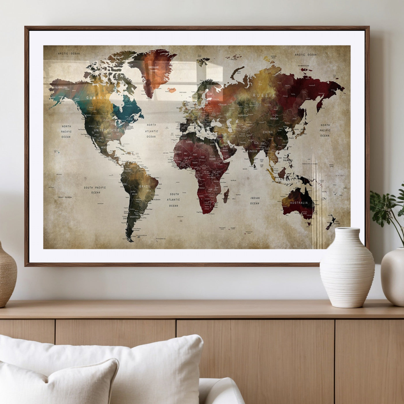 MGC-FP-36x24 - Large World Map Wall Art Canvas Print, Framed Push Pin Map Art Picture Print, Abstract Traveller Map Perfect Modern Decor Artwork