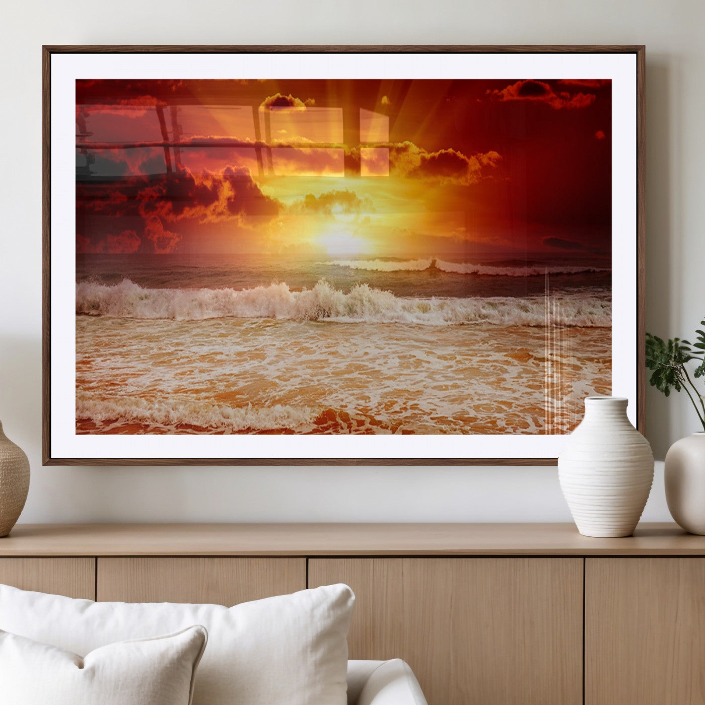 MGC-FP-36x24 - Red Sunset Ocean Beach Canvas Wall Art Beach Canvas, Coastal Sunset Print