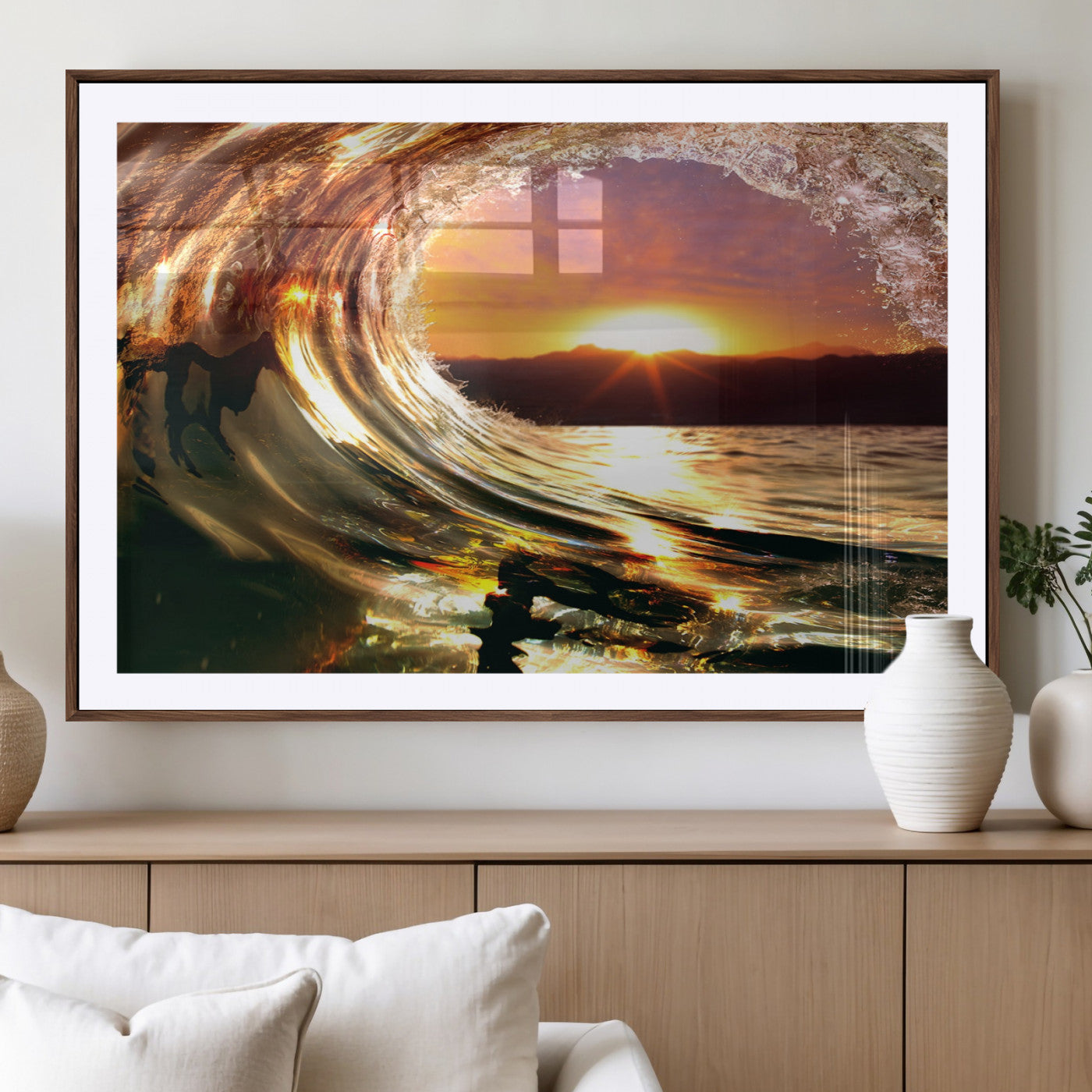 MGC-FP-36x24 - Golden Wave Sunset Triptych Canvas Art, Giclee Canvas Print of Ocean Wave and Sunset, Framed Ocean