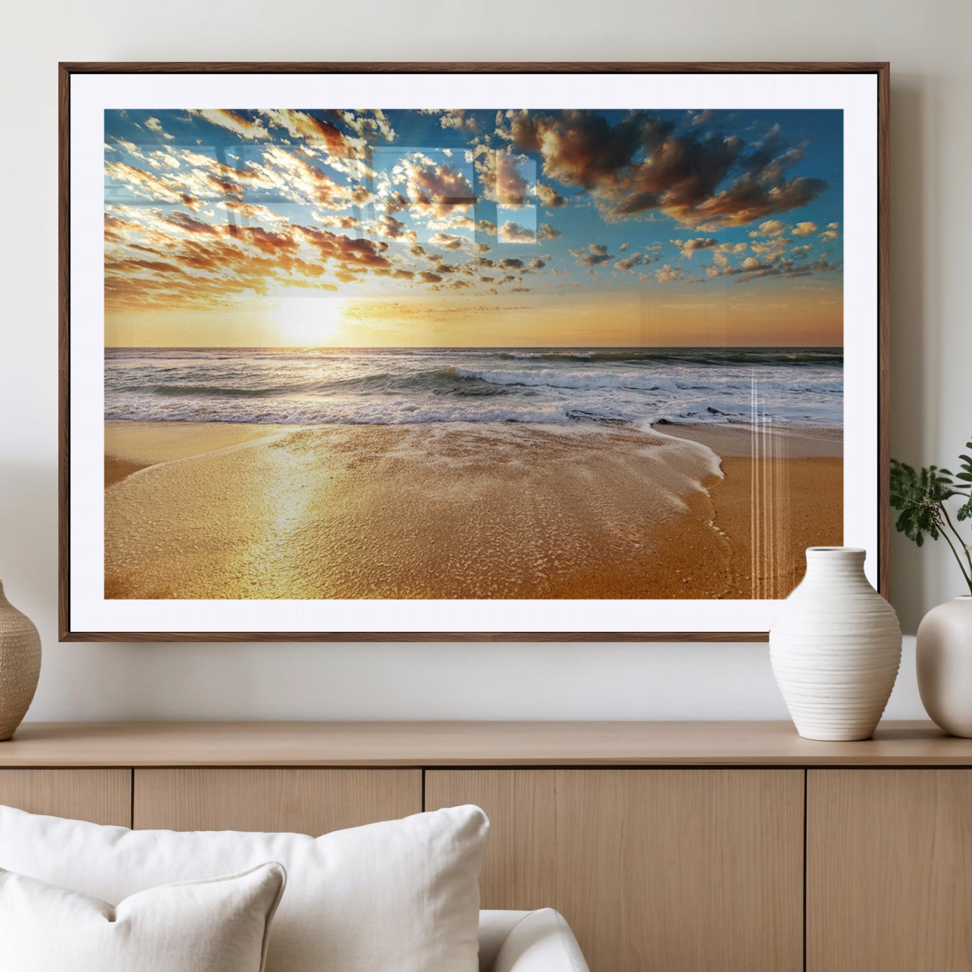 MGC-FP-36x24 - Golden Sunset Beach Print Canvas Wall Art, Giclee Canvas Print with Canon Print Quality, Triptych